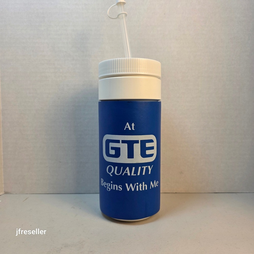 VTG GTE Quality Begins With Me Blue White Insulated Water Bottle w/Straw 1980s